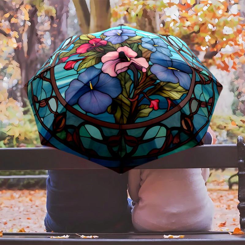 flower art Theme Automatic Umbrella Compact 8-Rib Design Sturdy Construction Durable Umbrella Stylish Accessory