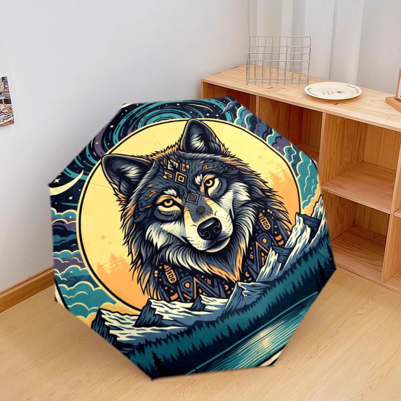 1 шт. Автоматический складной зонт - С загадочным узором волка, Портативный и складной дизайн с 8 спицами, Рождественские и новогодние подарки