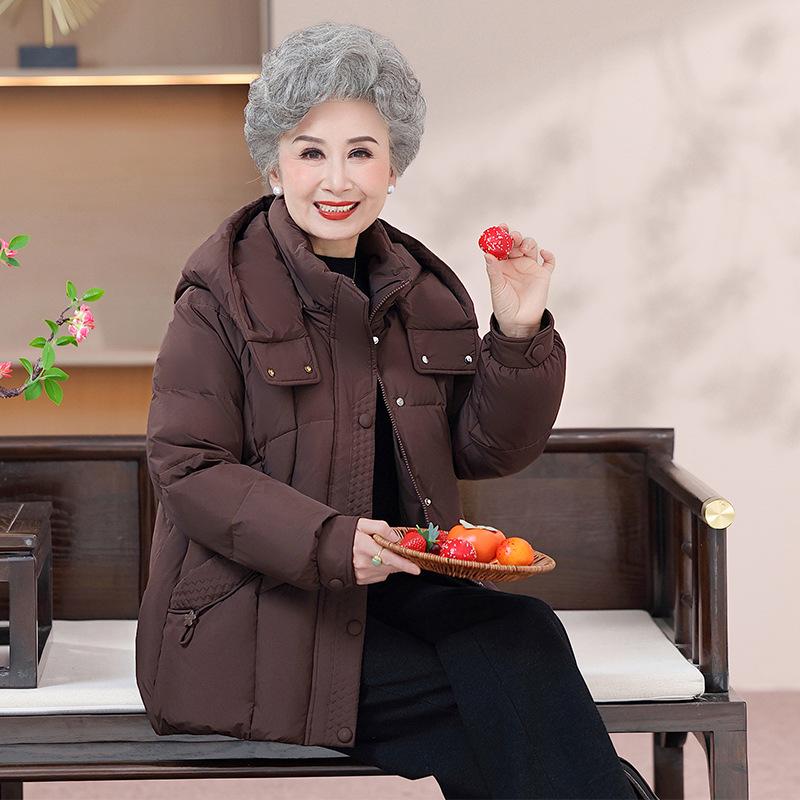 Стильная теплая пуховая куртка для женщин среднего возраста - Пальто из белого утиного пуха с капюшоном на зиму 2025