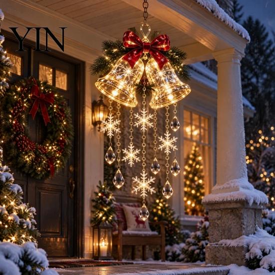 Hanging Seasonal Decor Christmas Bell Chandelier, Lighted Deer Decoration with Cascading LED Strands, Snowflake Festival Atmosphere Lighting