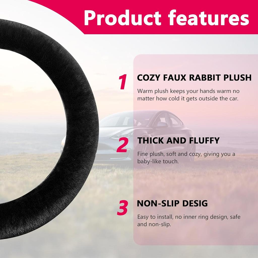 Fur Wool Sheepskin Car Steering Wheel Cover, 15 Inch Fluffy Anti-Slip Auto Steering Wheel Protector For Warm Winter, Universal Fuzzy Plush Vehicle