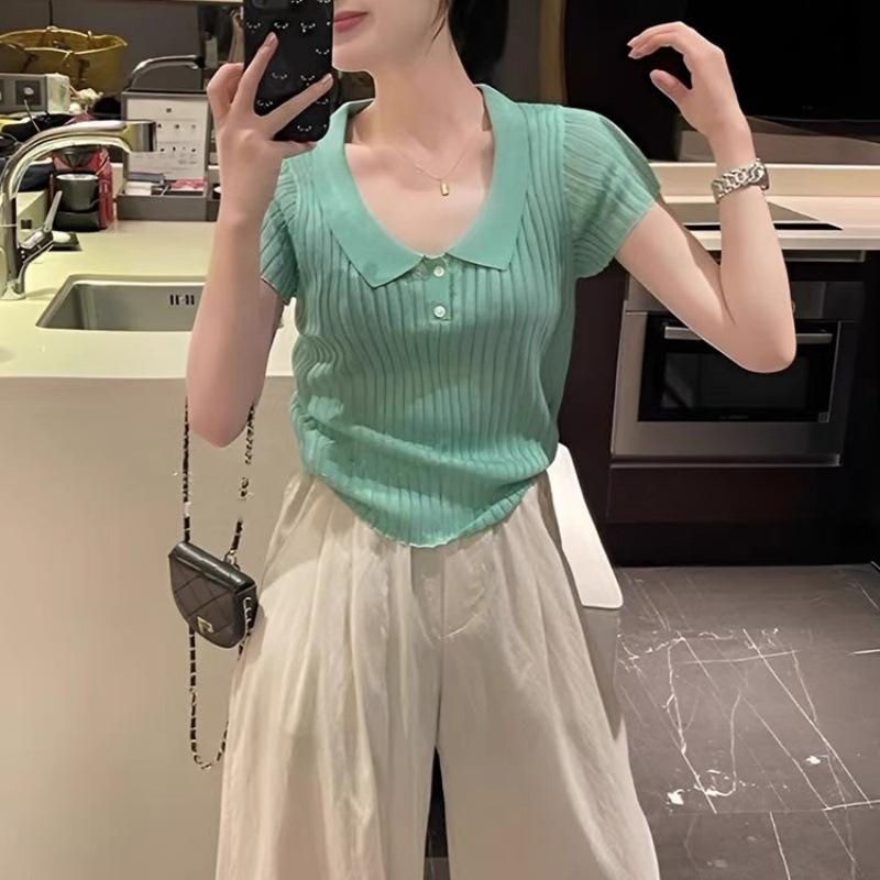 Korean Xiaofei sleeves yellow sexy front shoulder women's summer thin ice silk knitted sweater women's top polo collar short sleeves