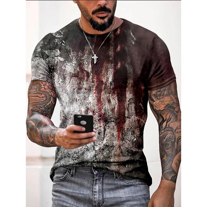 Футболка с 3D-принтом и рисунком пятна крови для мужчин, модная дышащая футболка с коротким рукавом и круглым вырезом, трендовая мужская одежда в стиле ретро, мужская футболка