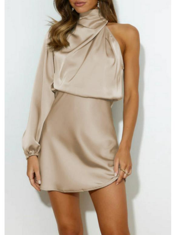 Весеннее женское мини-платье из сатина на одно плечо с длинными рукавами 2024