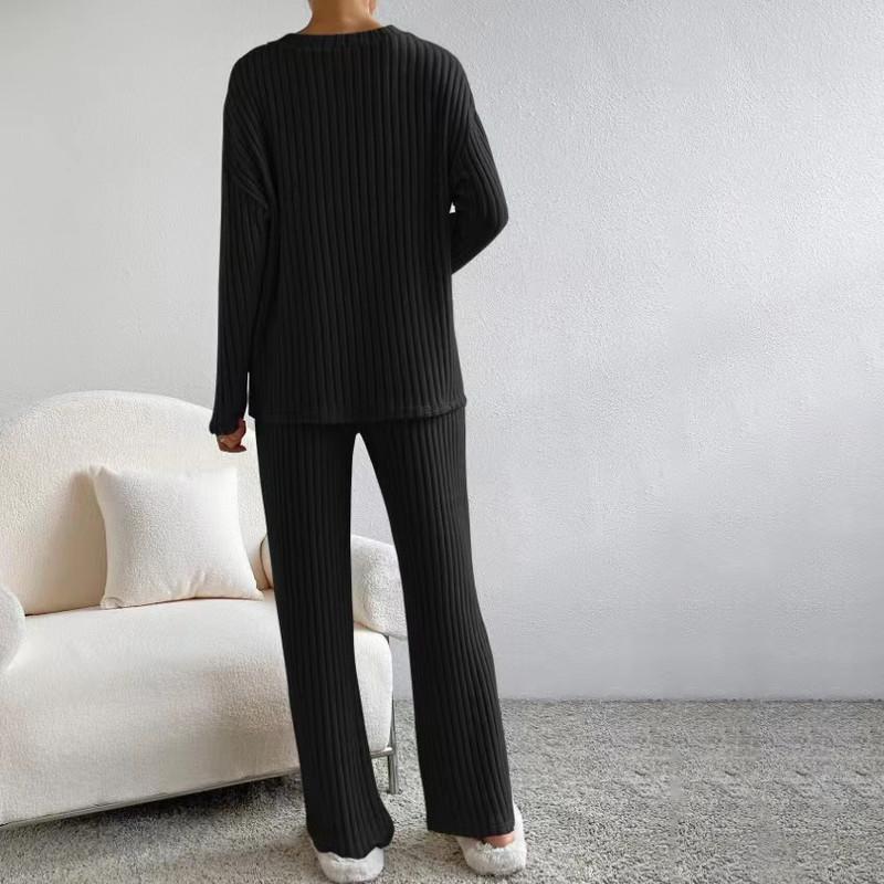 Autumn and Winter Two-piece Fashion Casual Straight Trousers Temperament Loose V-neck Pit-stripe Knitting Suit