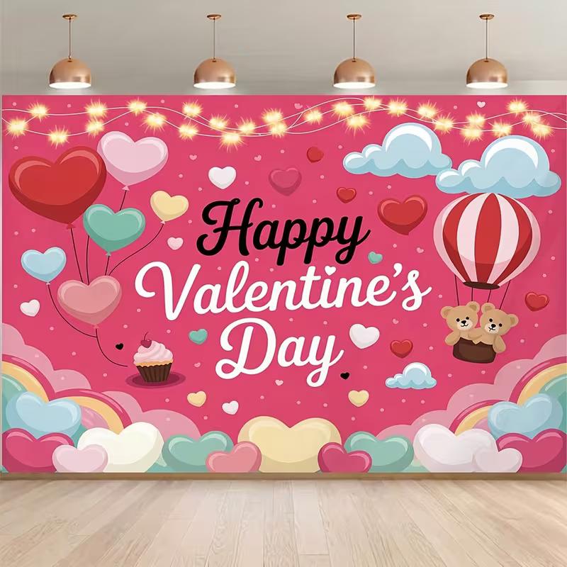 2D Sweet Pink Valentine's Day Banner with Teddy Bears and Balloons