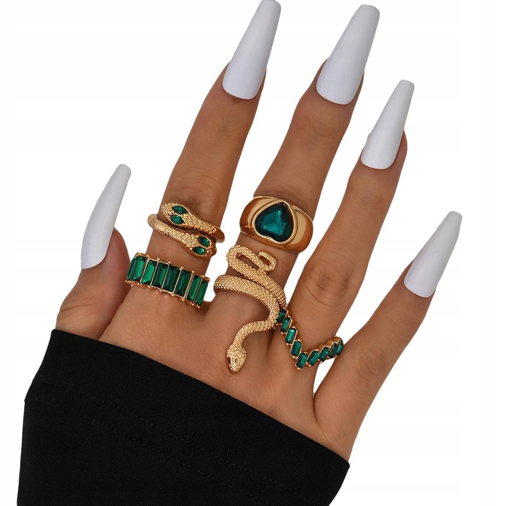 Set Of 5 Golden Rings Retro Punk Vintage Snake Heart Green