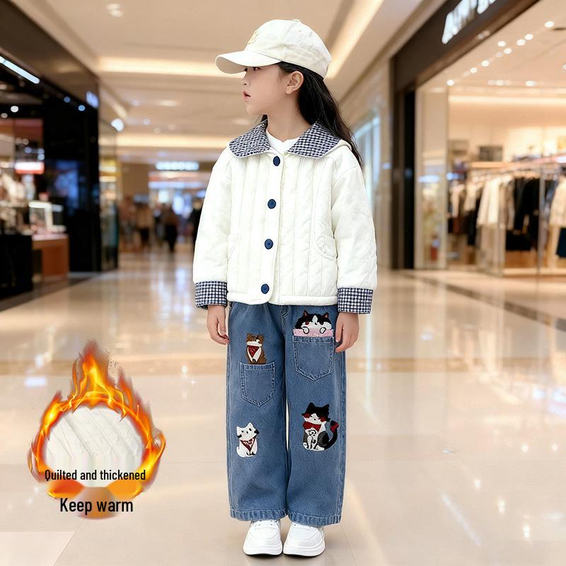 Girls' Autumn/Winter Thickened Set 2025: Cotton-Padded Jacket & Fleece-Lined Jeans Two-Piece