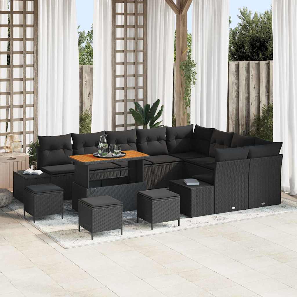 13 Piece Garden Sofa Set with Cushions Black Poly Rattan