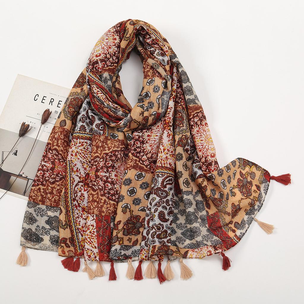 Литературный небольшой свежий хлопковый и льняной ретро-шарф с бахромой, женский напечатанный красивый шелковый шарф, японская солнцезащитная шаль