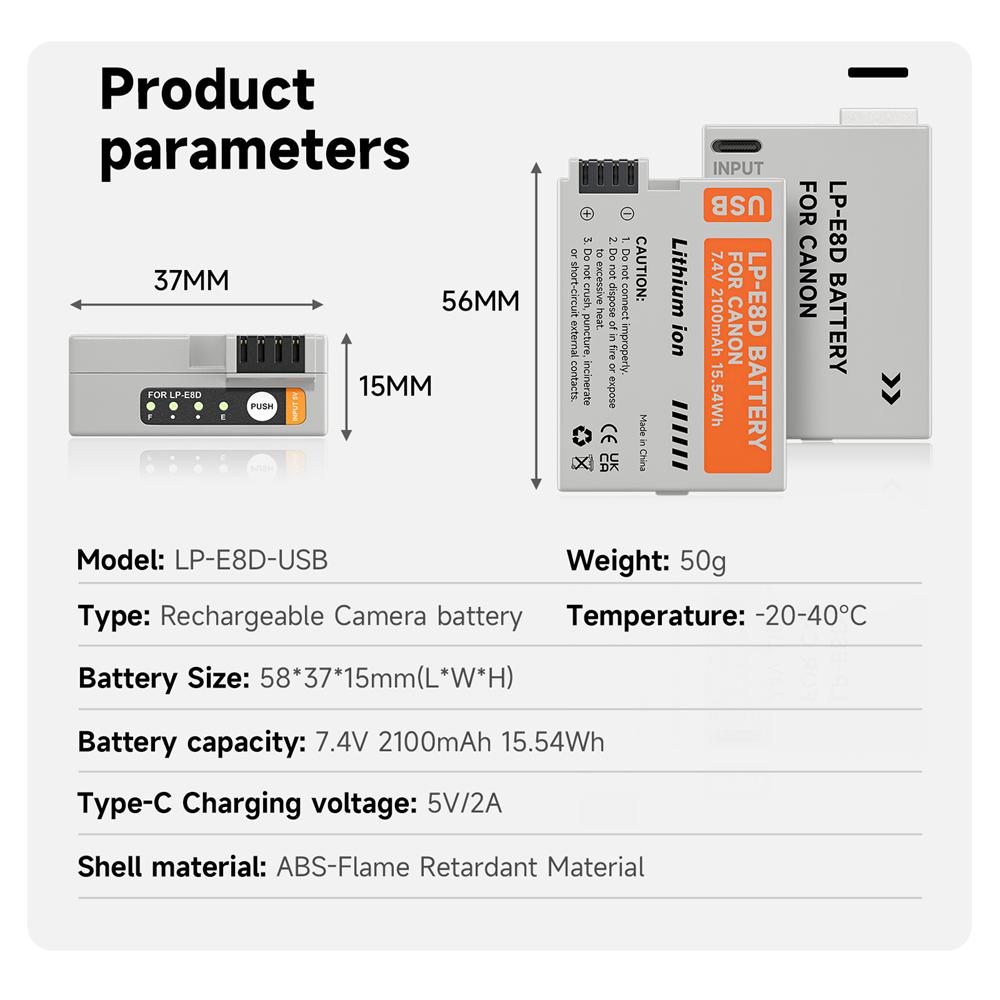 PALO Аккумулятор LP-E8 Type-C емкостью 2100 мАч с индикаторной лампой для Canon EOS 550D 600D 650D 700D X4 X5 X6i X7i T2i