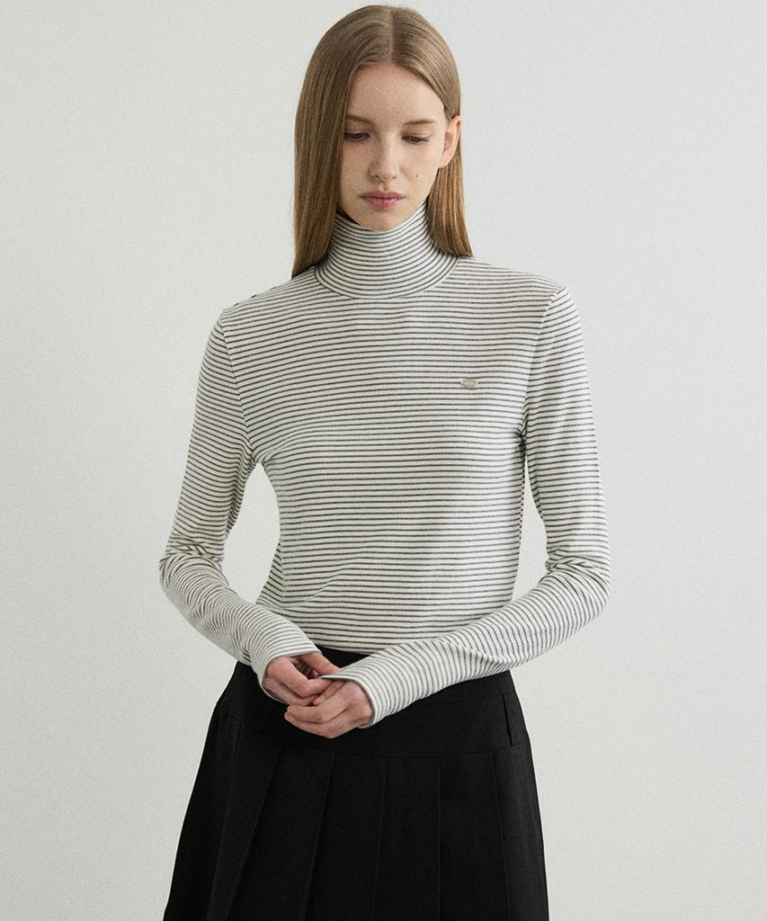 OURHOPE Soft Angora Striped Turtleneck T-Shirt - Ivory