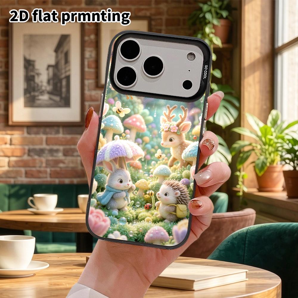 Phone Case: 2D flat, fits iPhone 18, 17, 16, 15, 14, 13, 12Pro protective case, little forest animals in the rain, perfect Christmas and Halloween hol