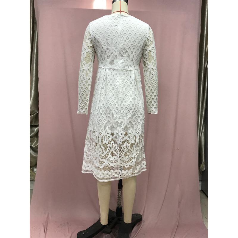 Women's Summer Round Neck Hollow Simple Lace Long Sleeve Slim Midi Dresses