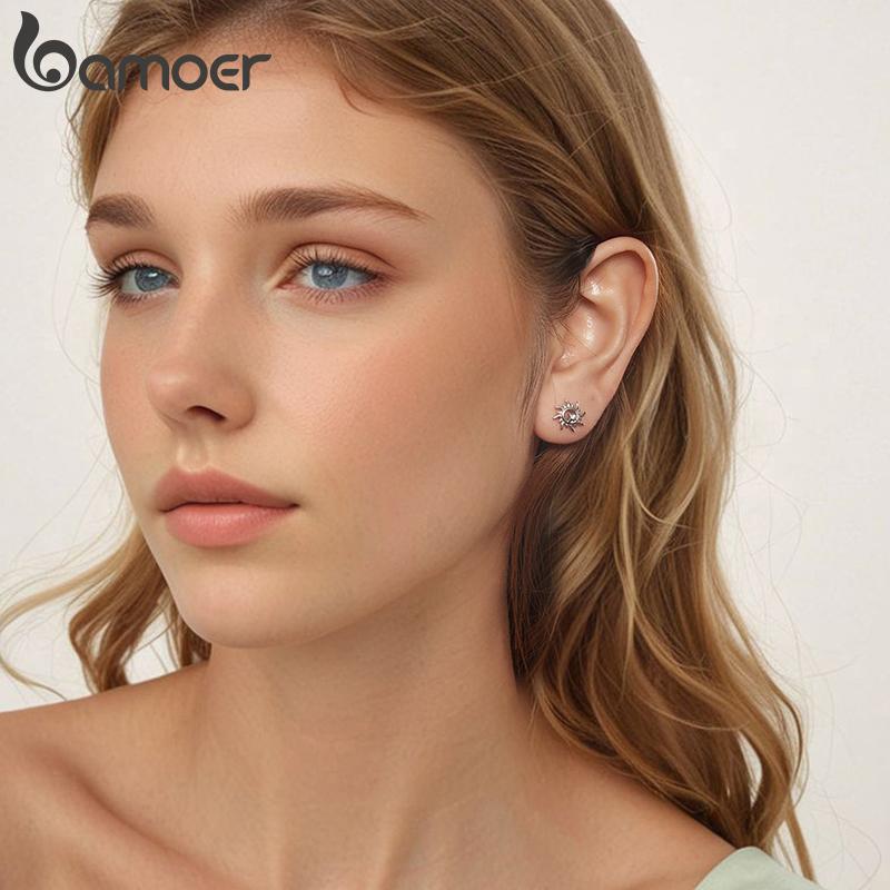 BAMOER Solid 925 Sterling Silver Chic Sun Stud Серьги Изящные Повседневные Серьги для Женщин Гипоаллергенные Украшения