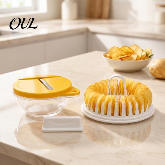 DIY Potato Slicing Tool Microwave Chip Maker, Stainless Steel Slicer Crispy Snack Vegetable Cutter with Guard Cooker, Healthy Oil Free Homemade Chips