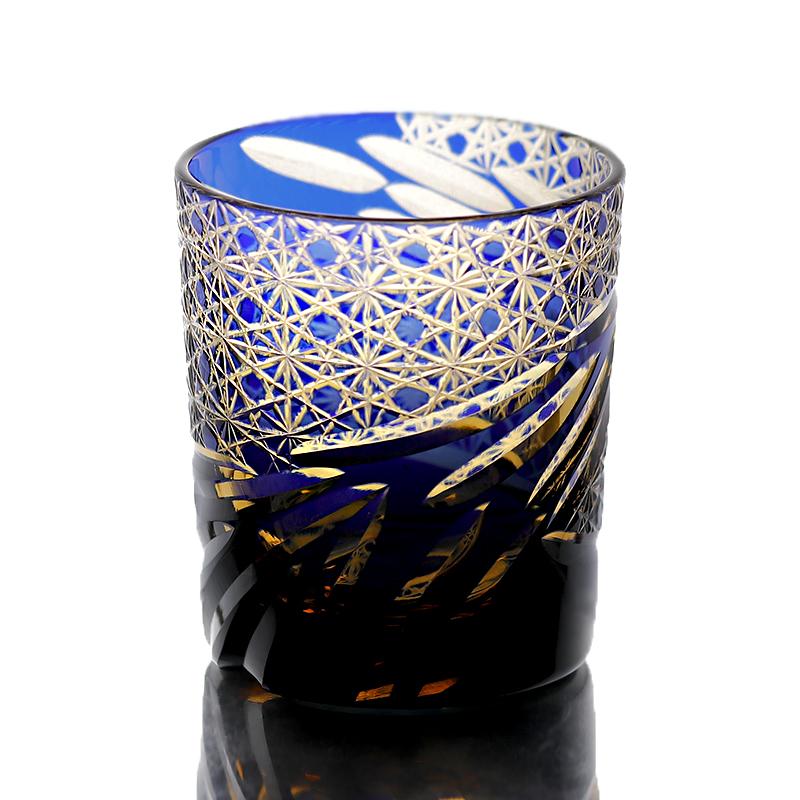240ml Handmade Japanese Edo Kiriko Style Amber Whiskey Glass Tumbler for Home Bar Decor Rocks Bucket Cocktail Serving