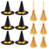 12Pcs Mini Witch Hat And Broom Crafts Halloween Party Decorations Reusable Black Hats Festive Home Party Ornaments