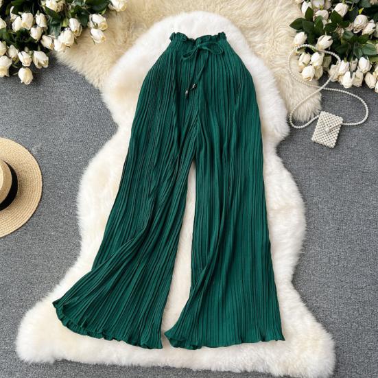 Женские брюки, эластичные брюки с высокой талией, регулируемый шнурок, плиссированные стильные широкие брюки, однотонные повседневные брюки