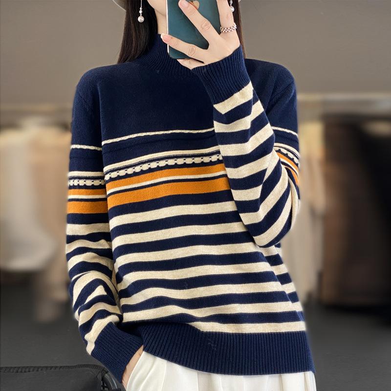 Женская мода, повседневный полосатый принт, осенне-зимние свитера с длинным рукавом и половиной водолазки