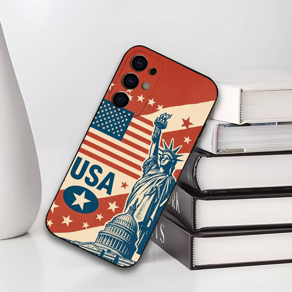 Флаг Америки S-Статуя L-Свободы Чехол для телефона USA для Samsung S25,S24,S21,S22,S23,S30,Ultra,S20,Plus, Мягкий Силиконовый Черный Чехол