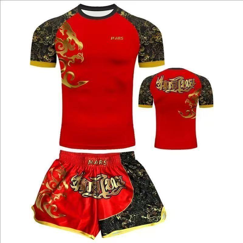 Mens Compression MMA Boxing Training Set Short Sleeve Rash Guard Shorts Combat Sports Fitness