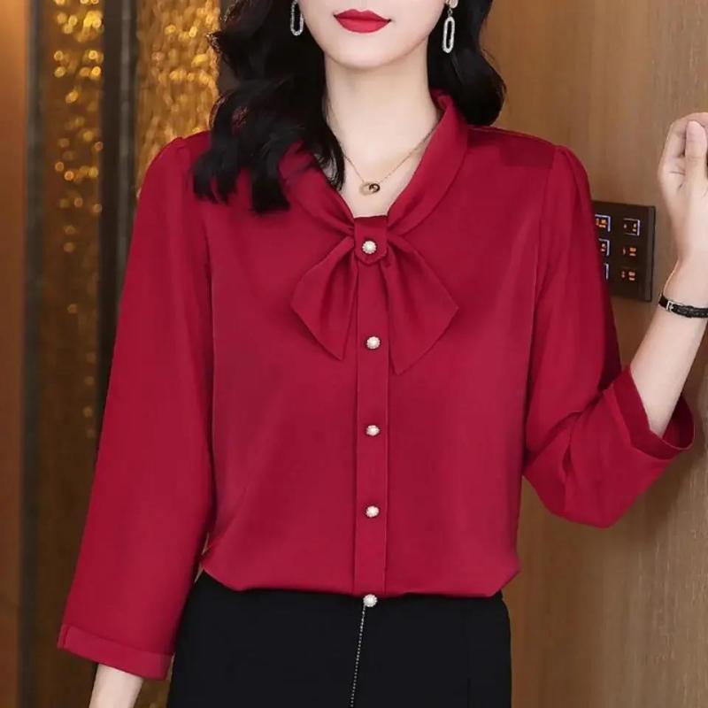 Fashion Classic Solid Color Single-breasted Blouse Women Long Sleeve Temperament Scarf Collar Slim Office All-match Lady Shirt