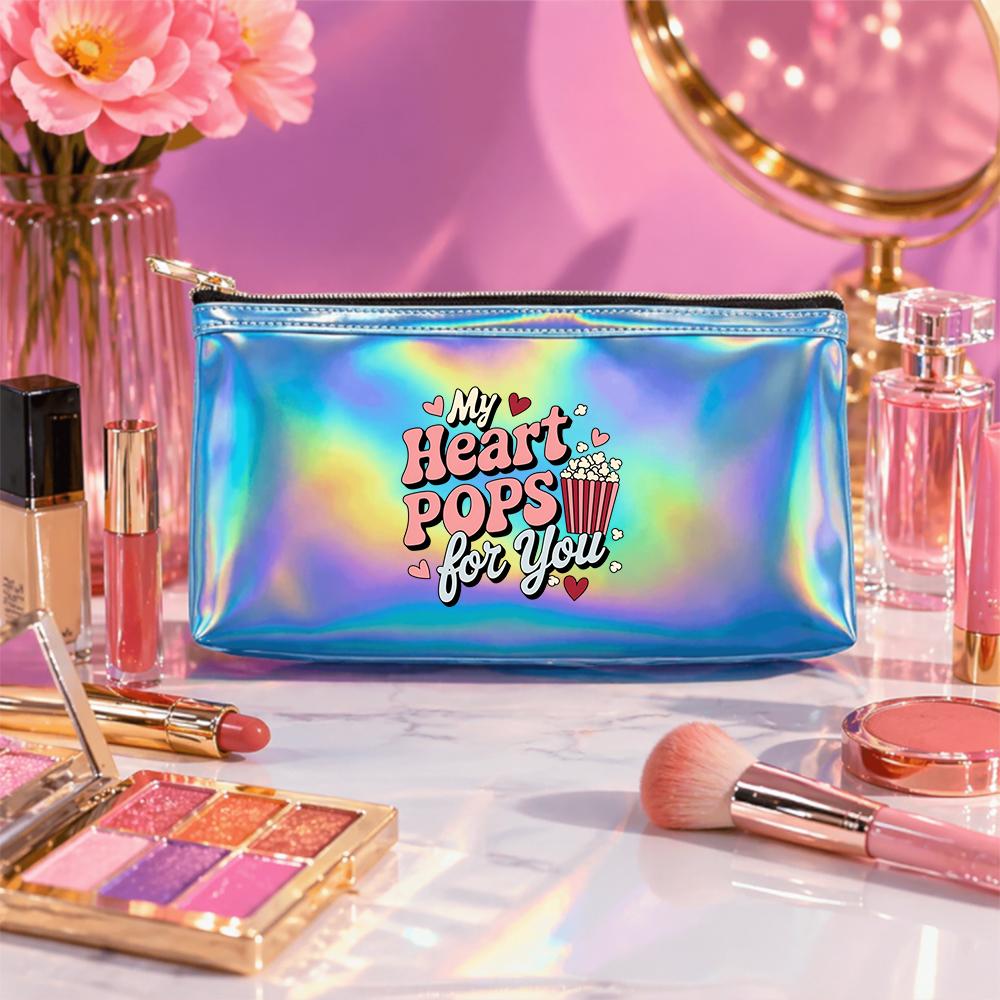 Retro Popcorn Heart Pattern Laser Cosmetic Makeup Bag, Shiny IridescentToiletry Organizer for Travel Holiday Gift and Daily Storage