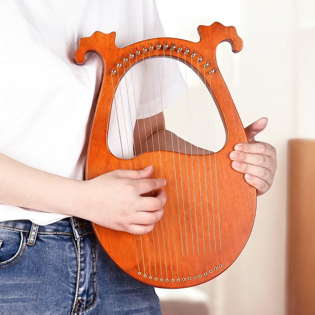 16 String Lyre Harp Solid Wood String Instrument with Elk Pattern Tuning Hammer Strings Cleaning Cloth Picks for Beginners