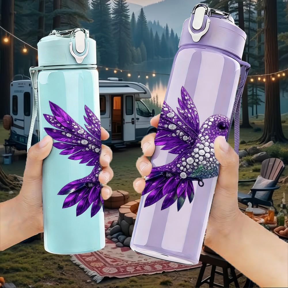 1PC Purple Hummingbird Bird 750ml Color Plastic Sports Water Bottle Leakproof Flip Straw Lid Suitable for Sports Office Home Use