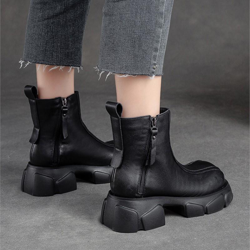 Johnature Ботинки из натуральной кожи на толстом каблуке, женские однотонные туфли с круглым носком в стиле ретро, ​​ботильоны на толстой подошве