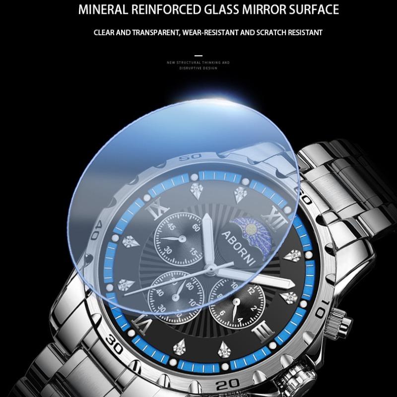 ABORNI Мужские часы Многофункциональные кварцевые часы с фазой Луны Водонепроницаемые светящиеся трендовые мужские часы