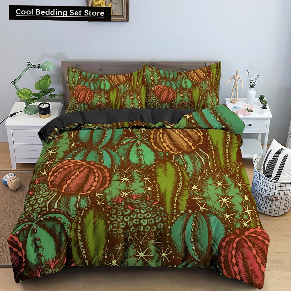Пододеяльник Cactus King Queen Набор постельного белья с суккулентами для детей, подростков, взрослых Зеленый Ботанический с цветами 2/3 предмета Полиэстеровый пододеяльник