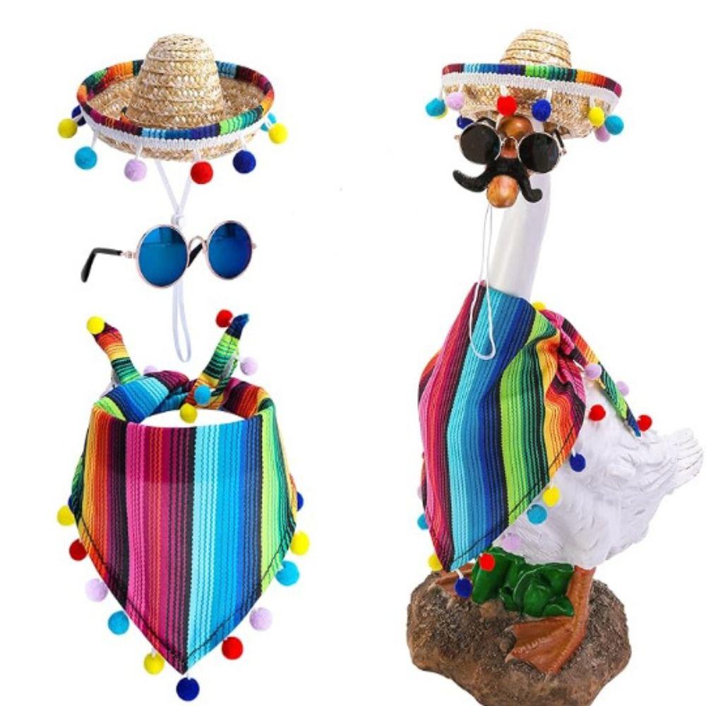 Adjustable Pet Hat Scarf Mexican Style Multicolor Striped Pet Triangle Scarf with Glasses Pet Bibs Decorative Big White Goose