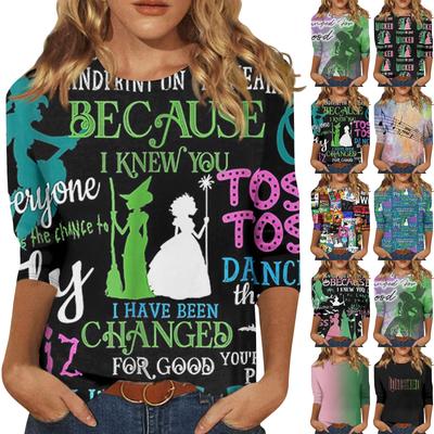 Женская модная повседневная футболка с круглым вырезом и принтом «Bad Witch» с семью рукавами