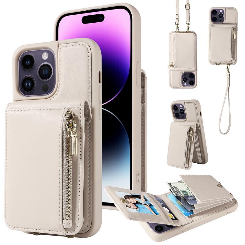 Кожаный кошелек-чехол на ремешке через плечо для iPhone 15, 14, 13, 12, 11 Pro Max с молнией и карманом для карт