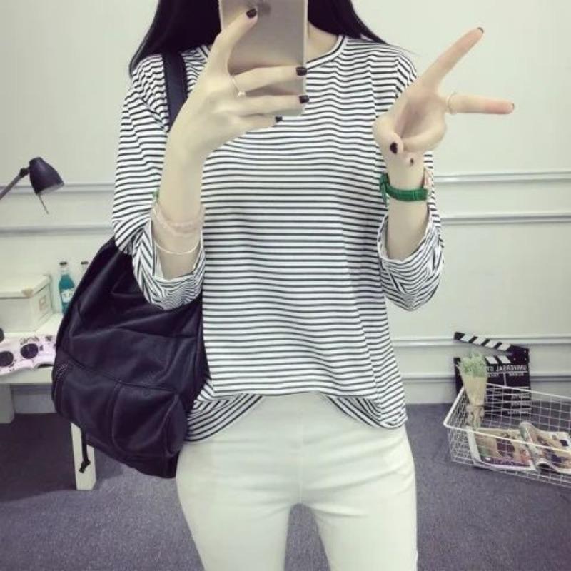 Весна и осень, новая корейская версия, простой полосатый топ, свободная футболка с длинными рукавами, женская школьная универсальная базовая рубашка для студентов