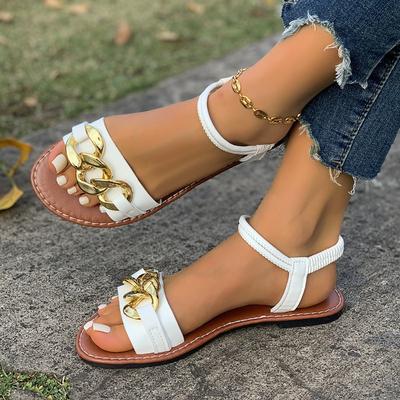 Женские эластичные сандалии широкой полноты, пляжные шлепанцы на плоской подошве, оптом в наличии, с металлическим декором