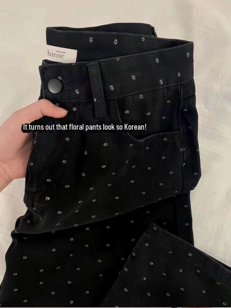 Женские широкие джинсы с высокой талией в черный горошек на осень - Большие размеры