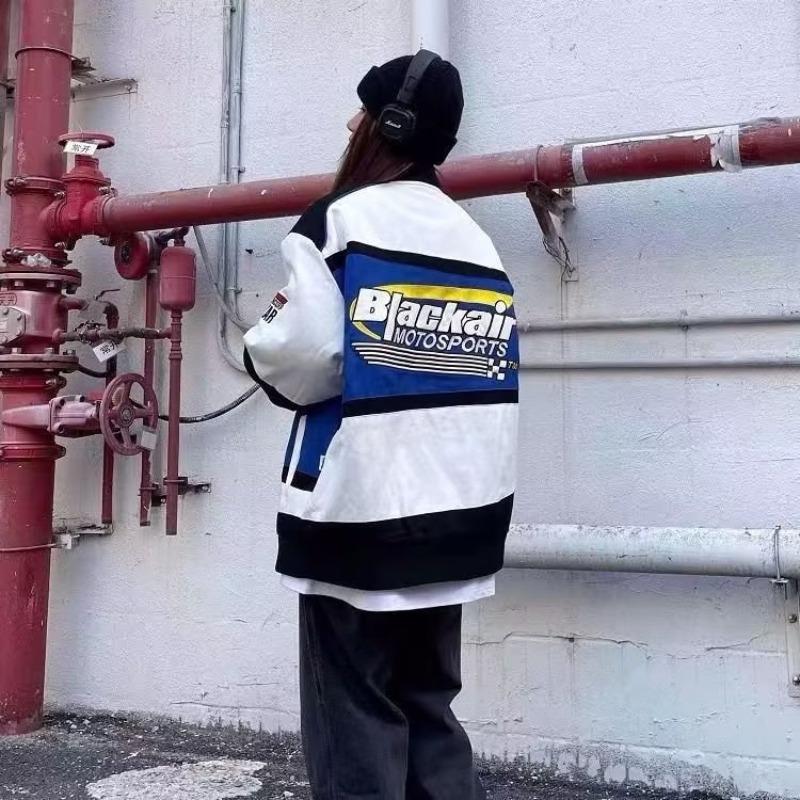 Винтажная гоночная куртка, женская негабаритная корейская уличная одежда, мотоциклетные куртки в стиле хип-хоп, женское бейсбольное пальто соответствующего цвета