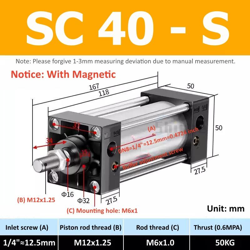 SC Standard Air Cylinder SC32/40/50/63mm Bore Small With Magnetic Pneumatic Cylinder Piston 25/50/75/100/150/200/250mm Stroke