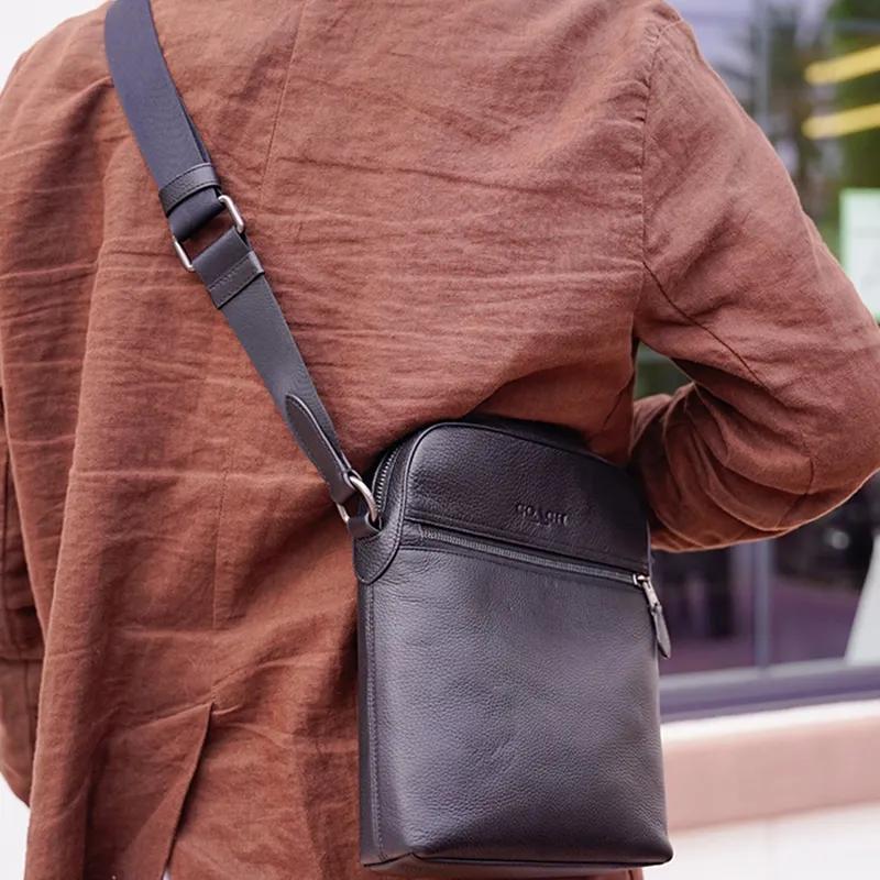 COACH Houston Pebbled Leather Messenger Bag , Flight Bag , Crossbody Bag , Shoulder Bag Small Men's Black (Unisex) Shoulder Bags 4011 QBBK