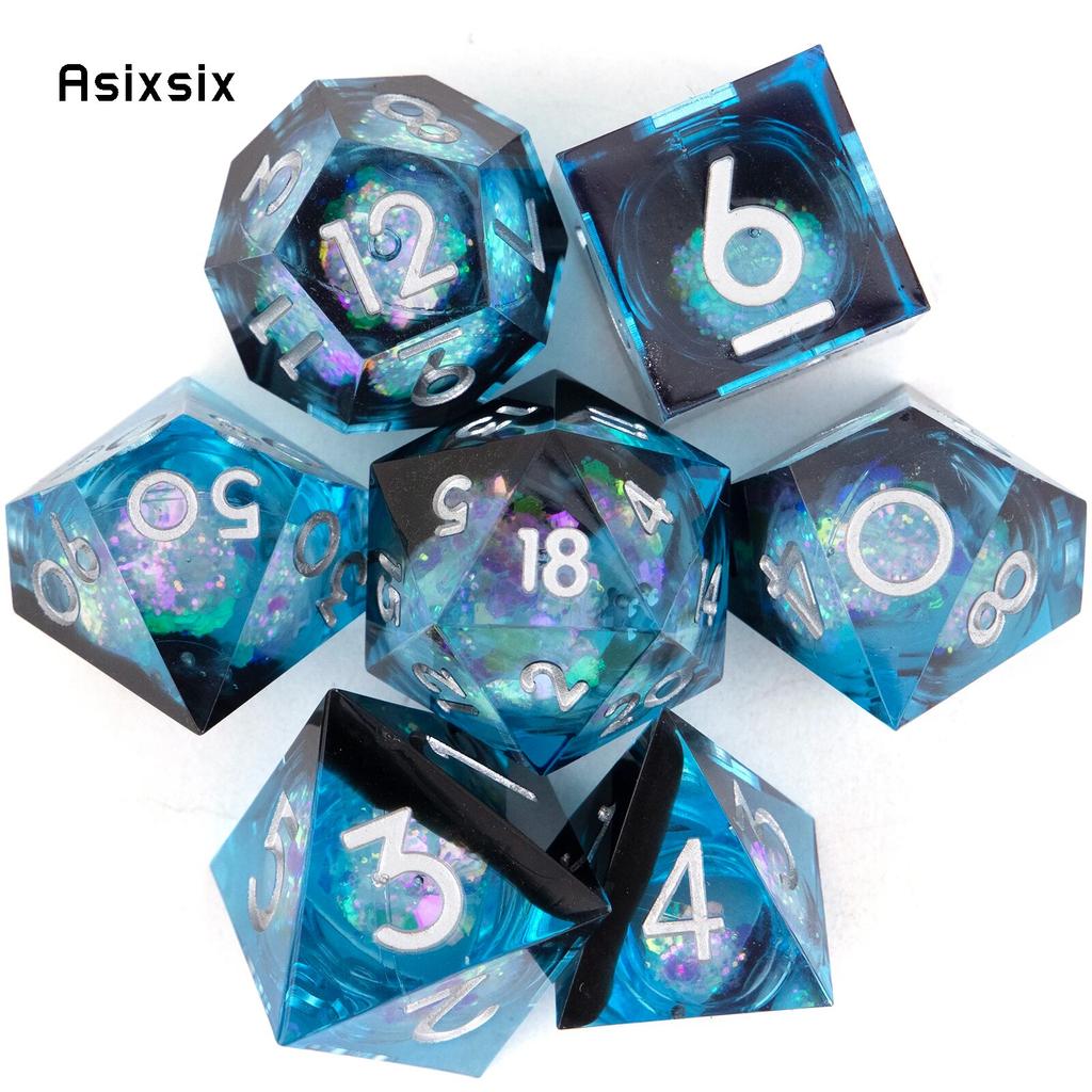 7 Pcs Blue Flowing Sand White Number Sharp Edge Resin Dice Polyhedral Dice Suitable for Role-Playing RPG Board Game