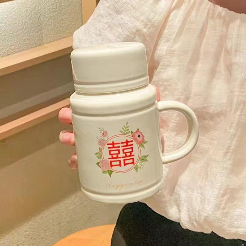 Vintage Double Happiness Kettle Mug with Lid Spoon Girls Ceramic Mug with Gift Box Packed Red Red Gift Box