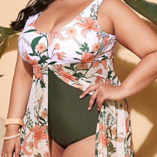 Женское монокини больших размеров с U-образным вырезом без рукавов и растительным принтом, цельный купальник с разрезом по краю, купальный костюм с контролем живота, быстросохнущая пляжная одежда