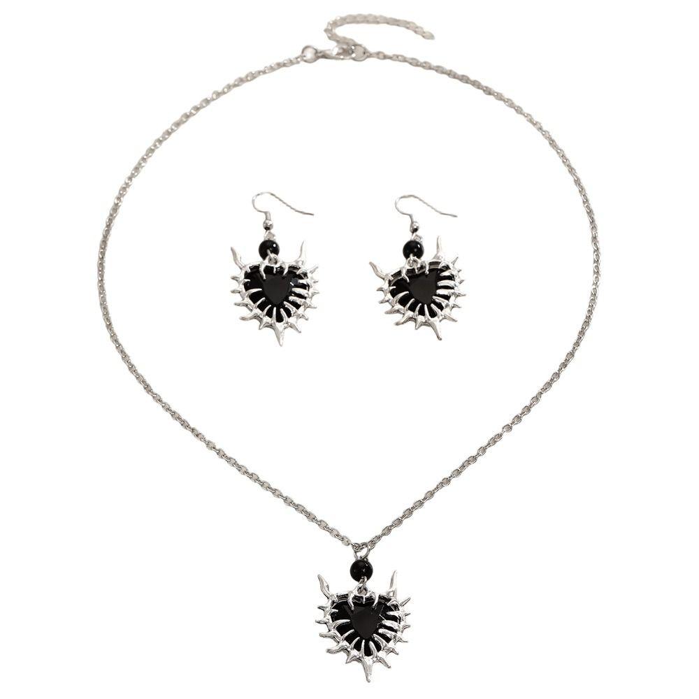 Premium Black Necklace Earring Set Zinc Zinc Alloy Dangle Earrings Set Thorn Love Pendant Necklace Gift