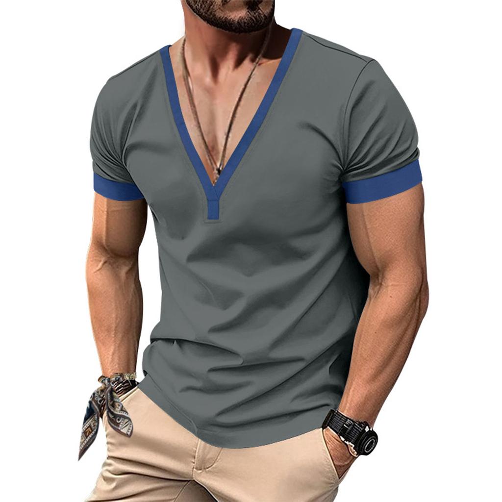 Men'S Fashionable Casual V-Neck T-Shirt Button Short Sleeved Top
