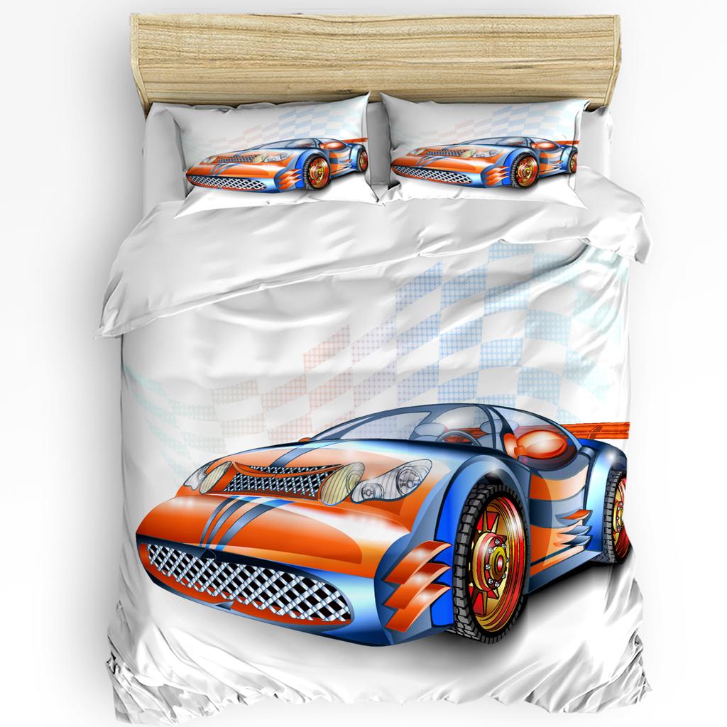 Orange Racing Car White Bedding Set 3pcs Boys Girls Duvet Cover Pillowcase Kids Adult Quilt Cover Double Bed Set Home Textile