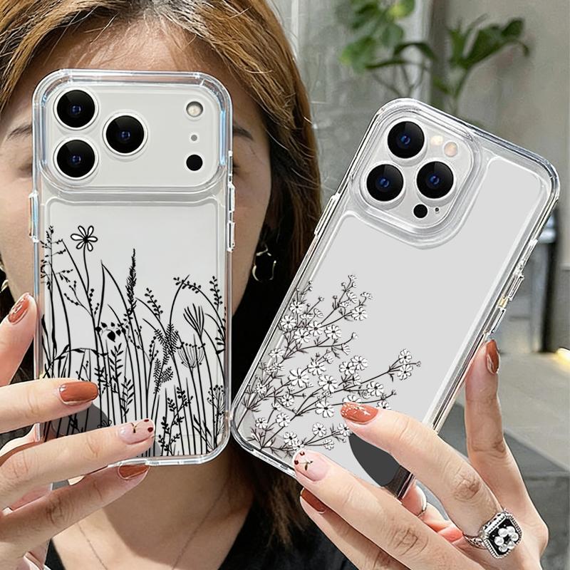 Противоударный прозрачный чехол из ТПУ для iPhone 17 16 Pro 15 14 13 12 Pro Max 11, прозрачный мягкий силиконовый чехол для телефона с черным цветочным принтом