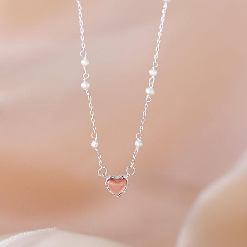Pink Heart Pearl Necklace For Women Dainty Minimalist Layering Choker Sweet Delicate Luxury Trendy Everyday Accessory